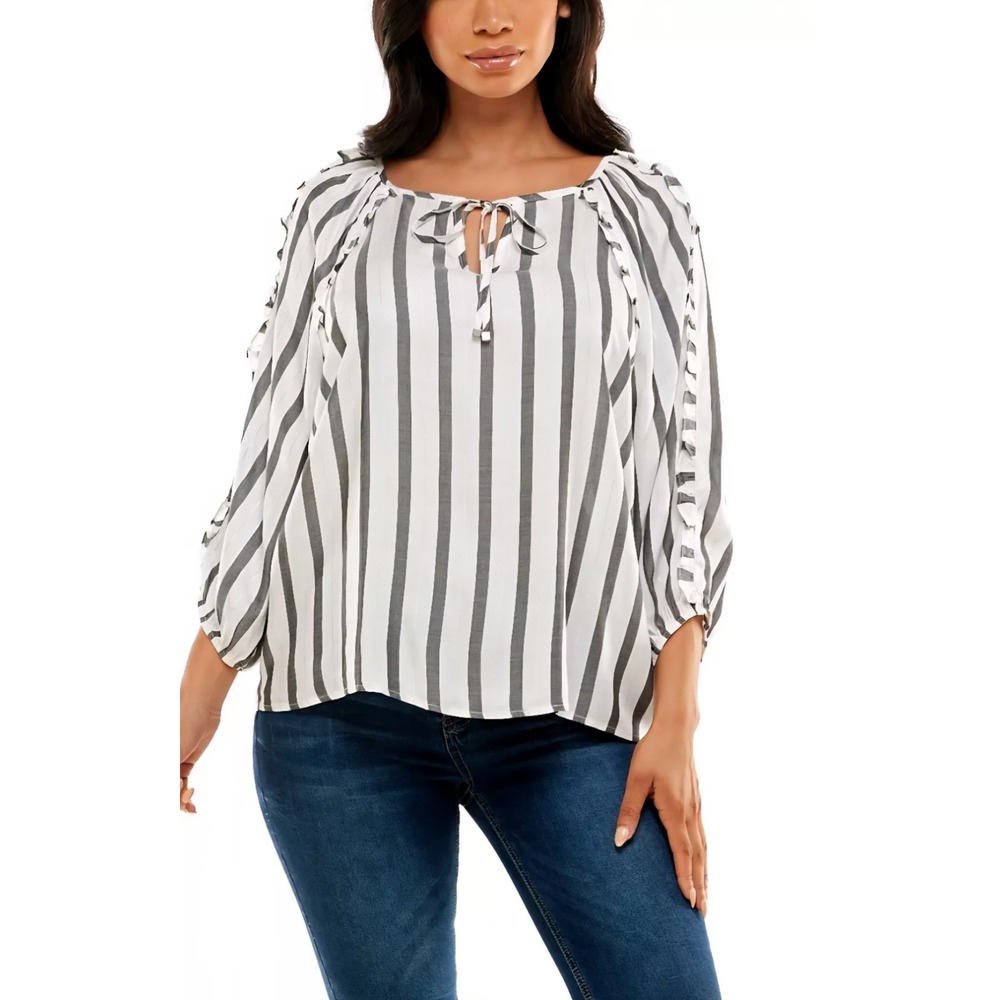 Adrienne Vittadini Gray & White Striped Shimmery Peasant Blouse Ruffle Bow Sz XL
